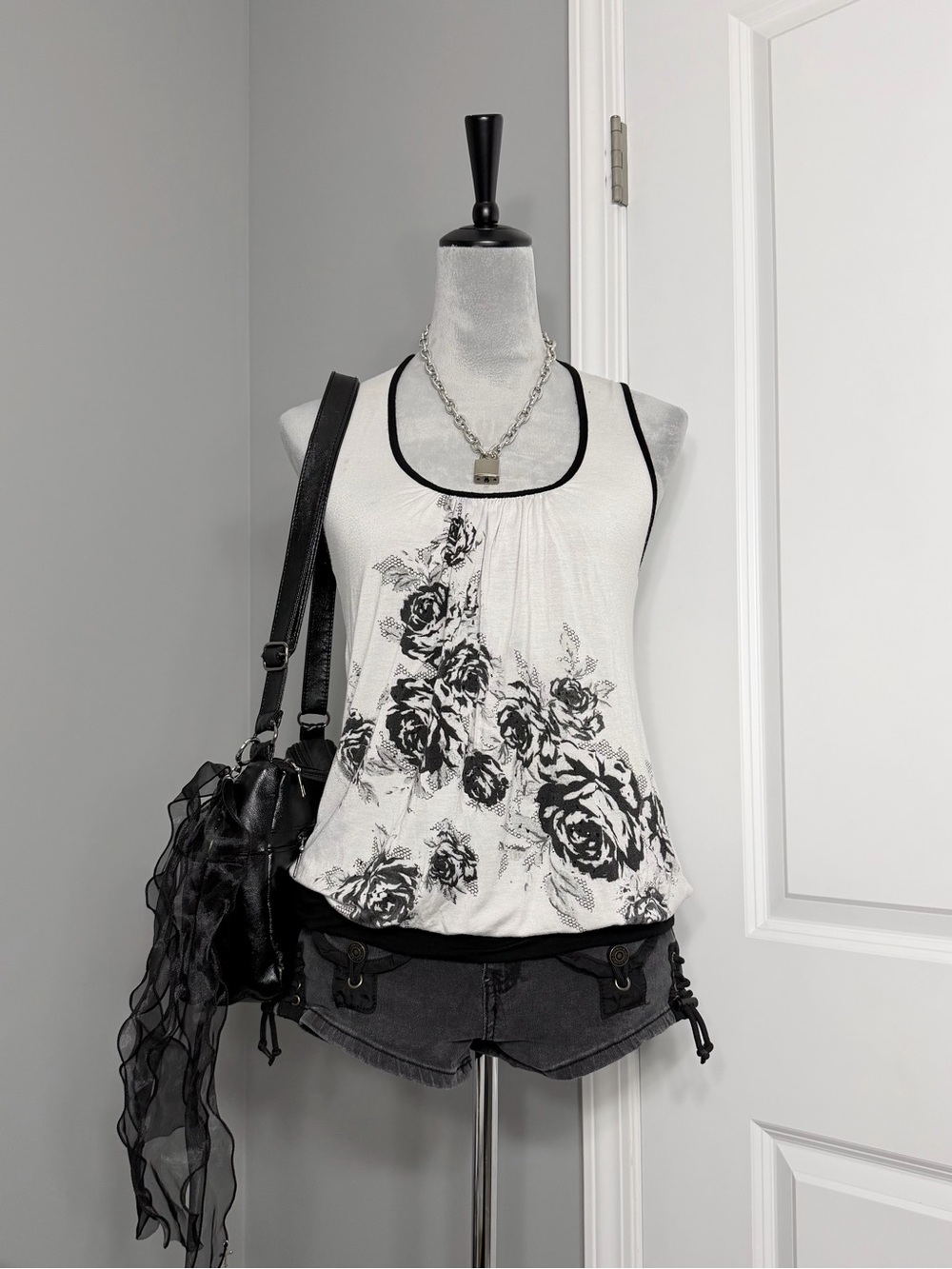 Y2K Pretty Good White Racerback Tank Top with Glittery Black Rose Print